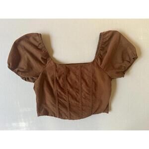 Kirious Los Angeles Cute Brown Crop Top with Puff Sleeves